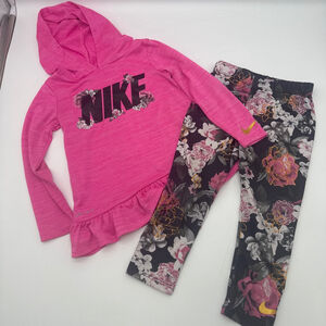 NIKE Matching Set 3T Pink Floral Hoodie & Black Leggings DRI-Fit
